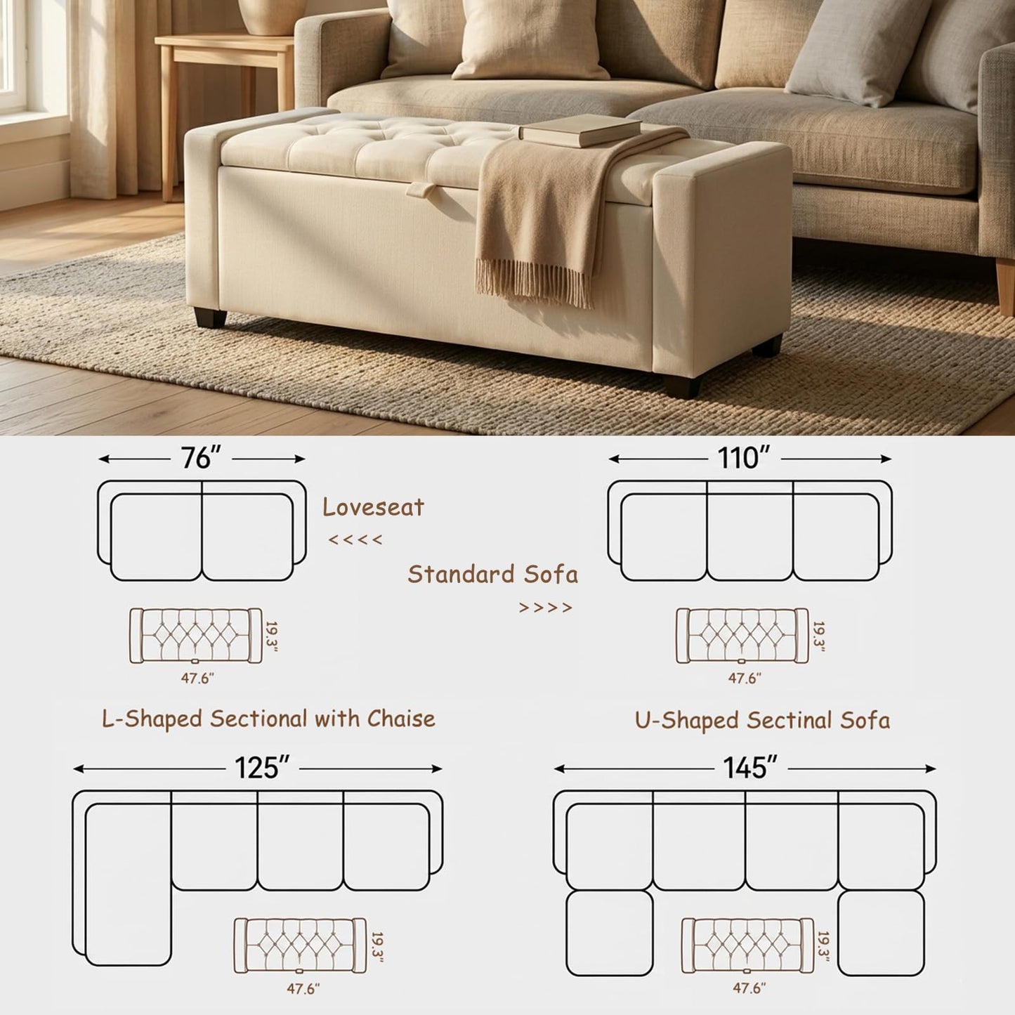 2BYF 47" Beige Storage Ottoman, Multi-Functional Shoe Bench Seat for Living