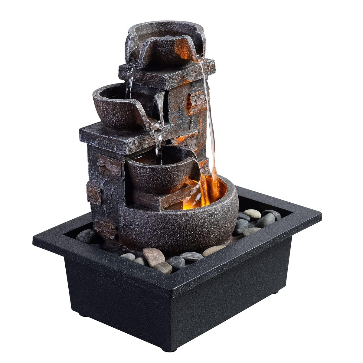 Kalona Décor Desktop Fountain - 10" 4-Tier Design with Imitation Stone, Indoor Waterfall Tabletop River Rocks & Resin Material for Serene Meditation & Relaxation - Ideal for Home & Office Decor