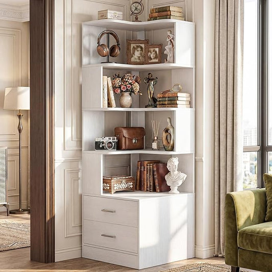 Armocity Corner Bookshelf with Drawers, 7 Tier Corner Book Shelf Display