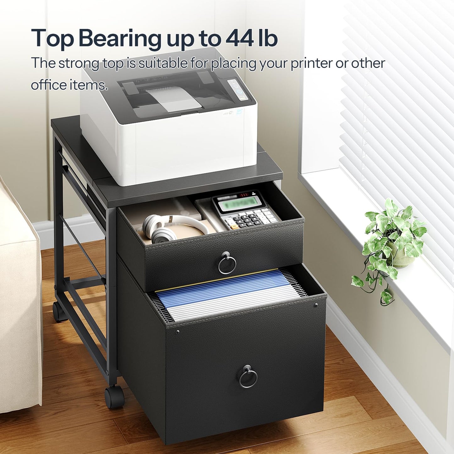 HOOBRO File Cabinet, 2-Drawer Vertical Mobile Office Cabinet, Rolling Printer Stand, for A4/Letter Size Files, Nonwovens Drawer, for Home Office, Black BB21WJ01