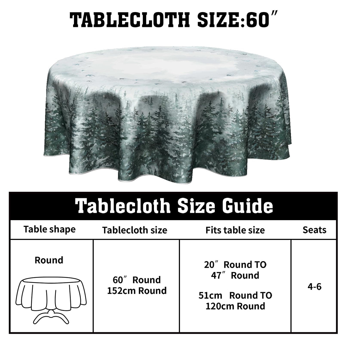 Giwawa Winter Pine Tree Round Tablecloth 60 Inch Nature Forest Decorative Table Cloth Polyester Washable Table Cover for Party Picnic Dinner Home
