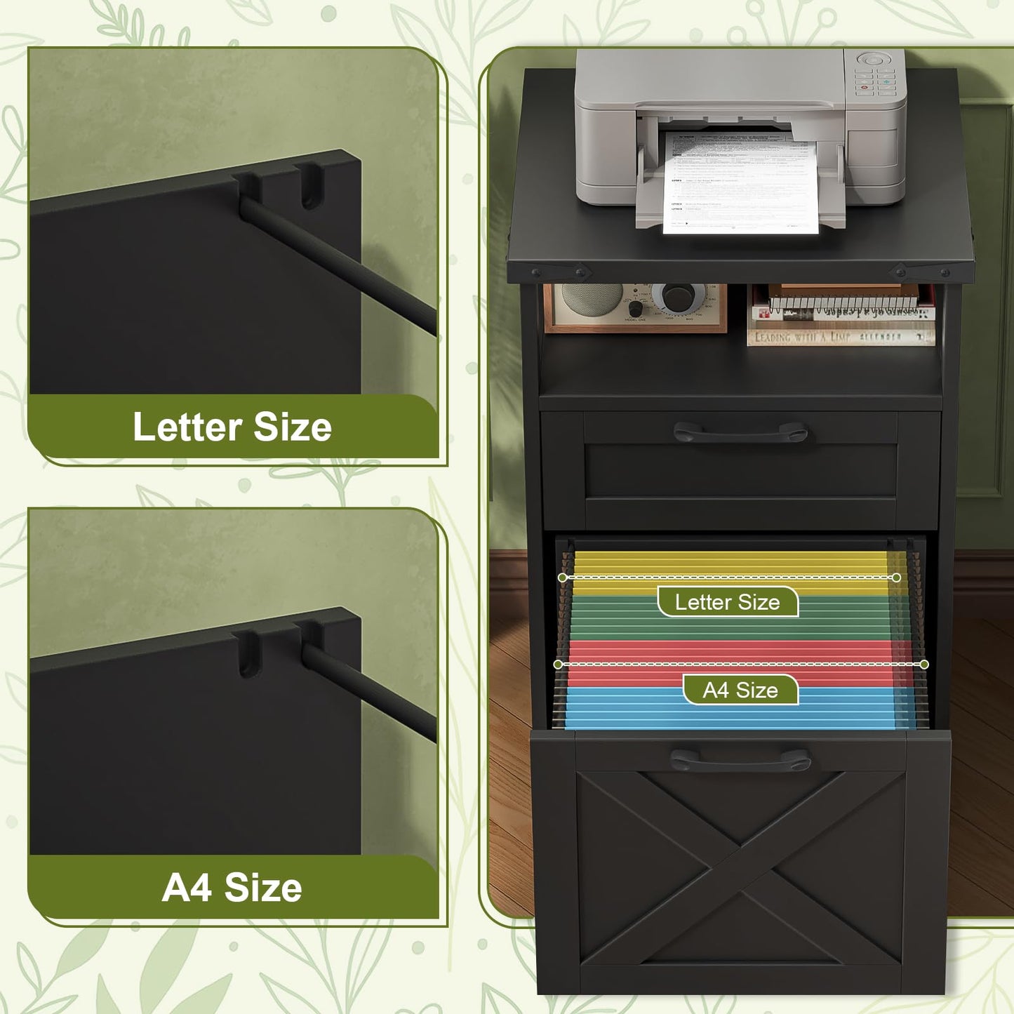 Farmhouse Filing Cabinet with Open Storage Space & Wheels,Printer Stand for Hanging A4/Files Letter,Office Filing Vertical Cabinet with 3 Drawers,Under Desk Storage Cabinets for Home Office.Black