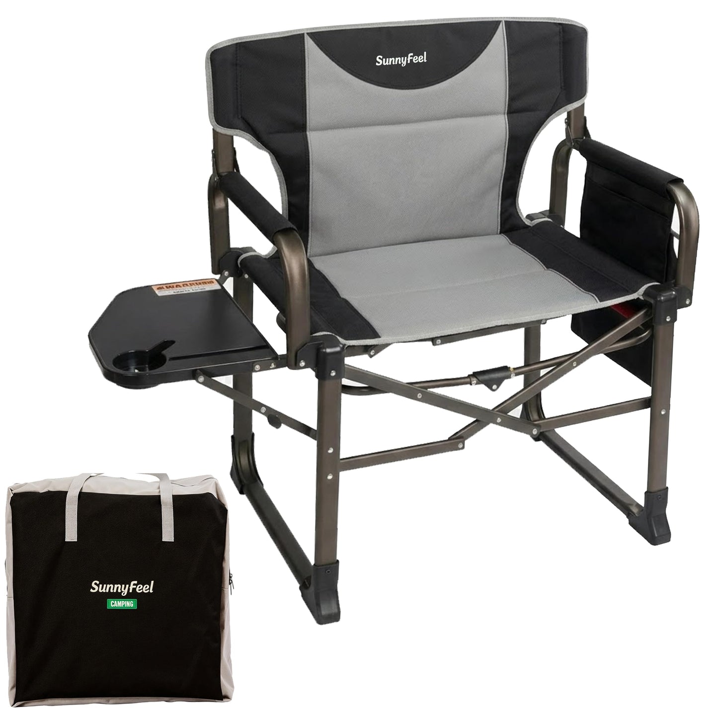 SUNNYFEEL Oversized Camping Directors Chair Black Portable Folding Chair for Adults Support 600lbs with Side Pocket and Side Table for Beach, Fishing, Trip, Picnic, Lawn, Outdoor Foldable Camp Chairs
