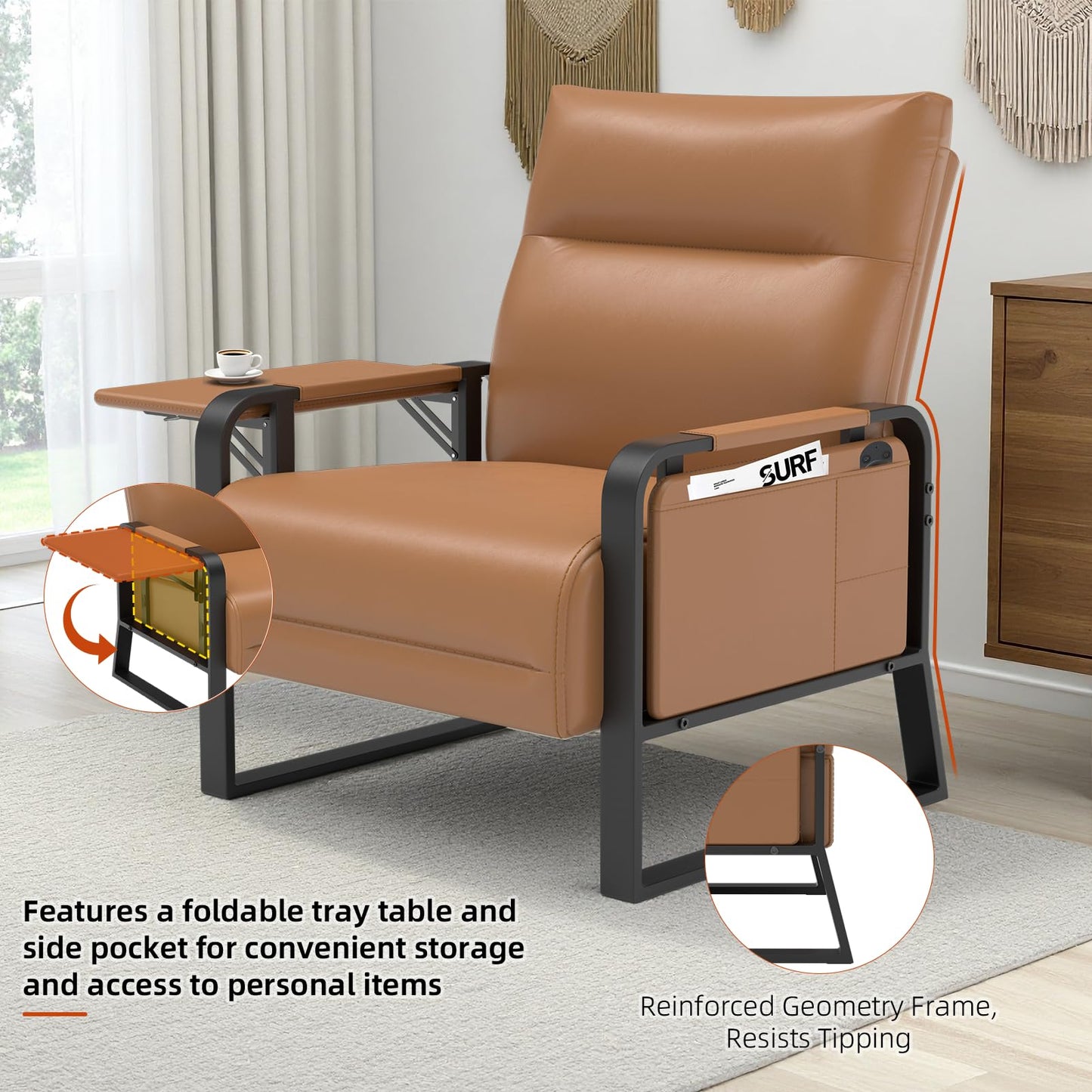 Tbillionnext Upholstered Accent Chair, Modern Faux Leather Sofa Chair with Foldable Side Tray Table & Storage Pocket, Small Accent Sofa for Living Room, Bedroom, Reception Room, Brown