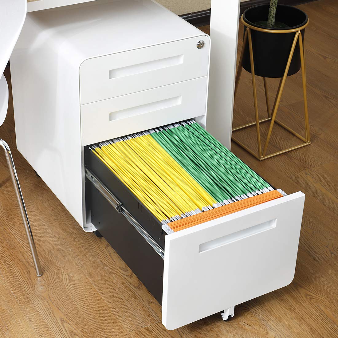 GarveeHome 3 Drawer Mobile File Cabinet with Lock, Under Desk Metal Filing Cabinet for Home Office, Under Desk Storage with 5 Wheels for A4/Letter/Legal Size, Fully Assembled