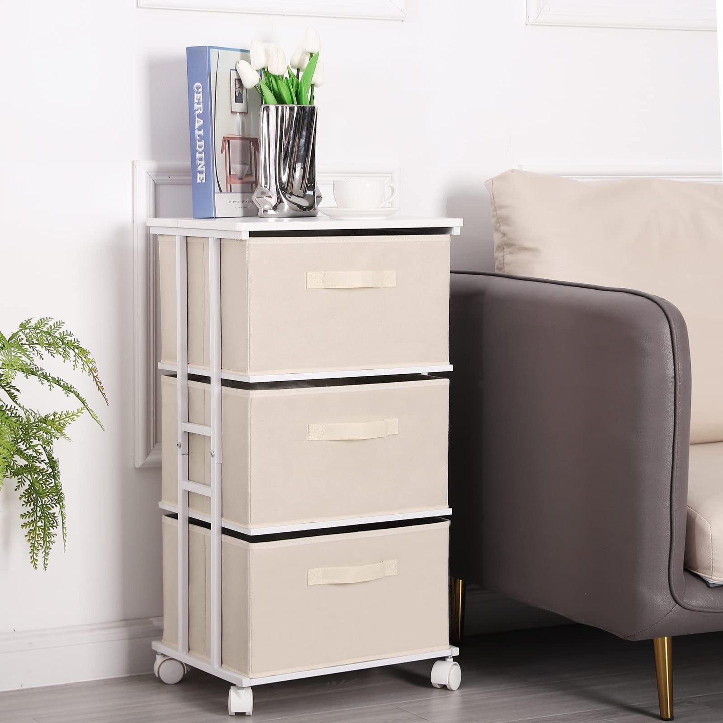 MAX Houser Dresser Tower with 3 Drawers for Bedroom, Fabric Storage Organizer Unit, Chest of Drawers with with WoodTop, Small Vertical Storage for Guest Room, Closet, Entryway(Beige)