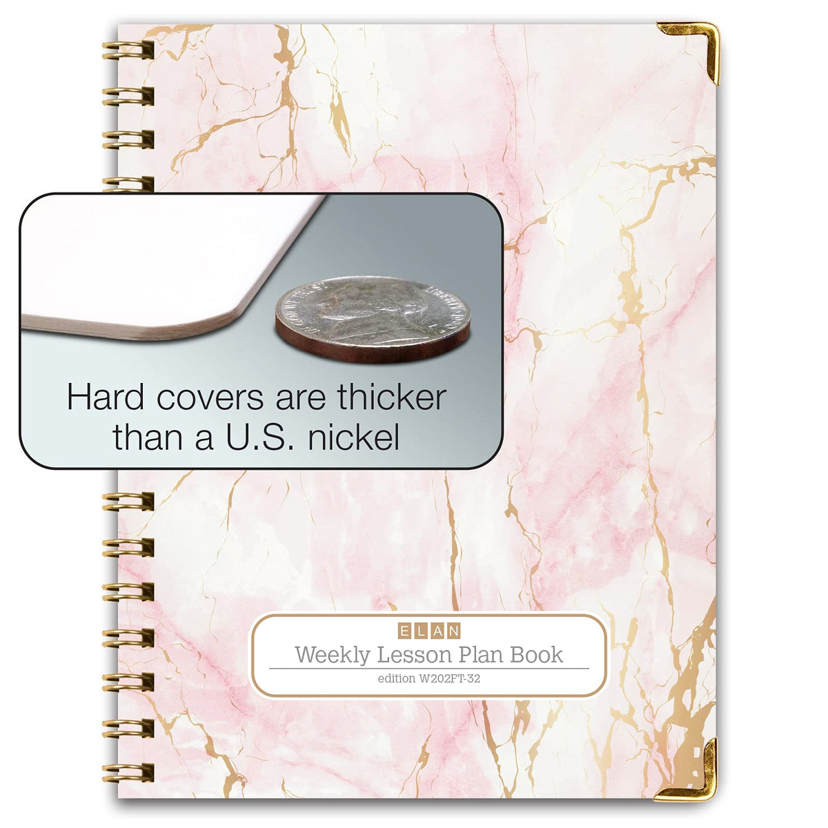 Elan Publishing Company HARDCOVER 6 Period Teacher Lesson Plan - Days Vertically Down The Side with Bonus Clip-in Bookmark (Pink Marble)