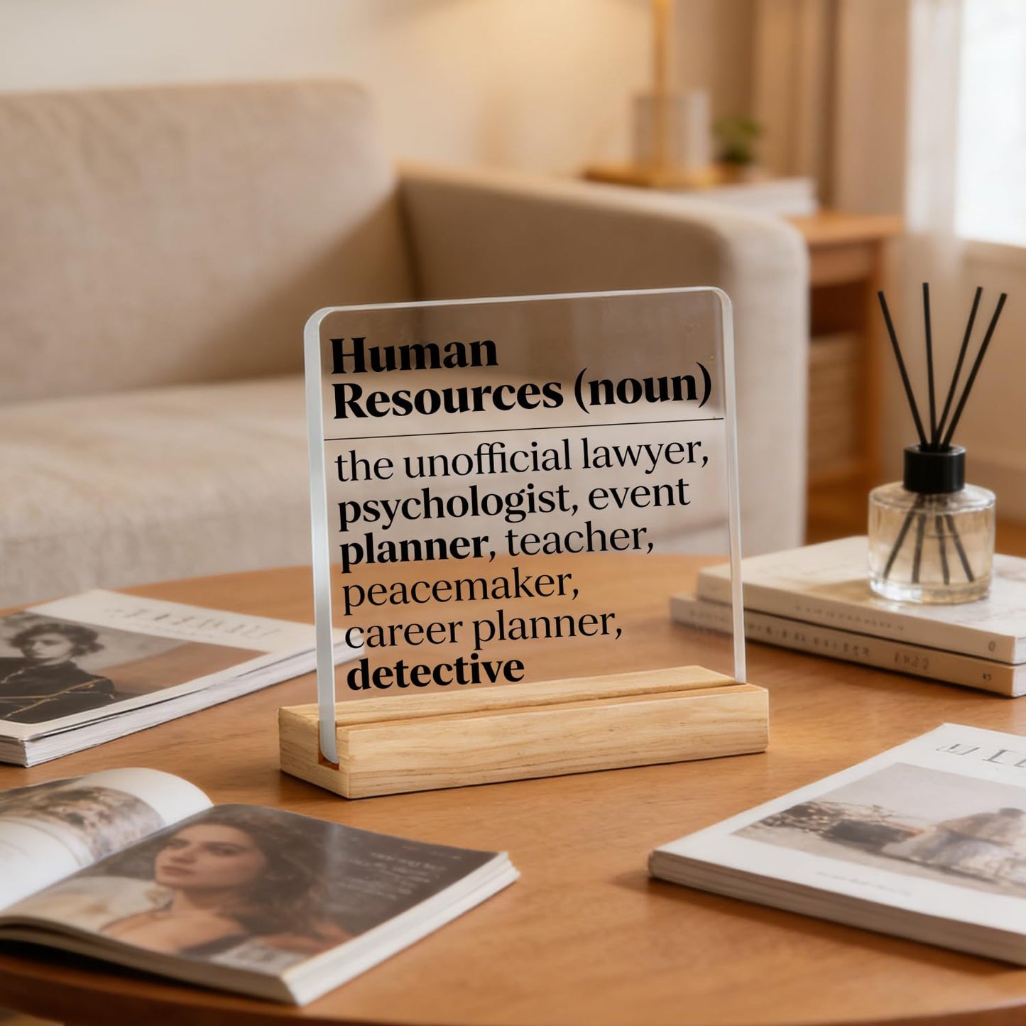 Funny Office Acrylic Desk Plaque Human Resources Definition Desk Decorative Sign with Wooden Stand Humorous Tabletop Ornament, Funny Office Gift for Coworkers, HR Manager Appreciation(Black)