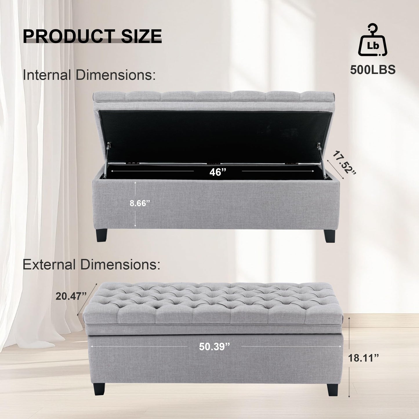UDAX 51" Storage Ottoman for Bedroom & Living Room, End of Bed Bench with Black Wooden Legs, Linen Upholstered Tufted Ottoman, Entryway Storage Bench, Light Grey
