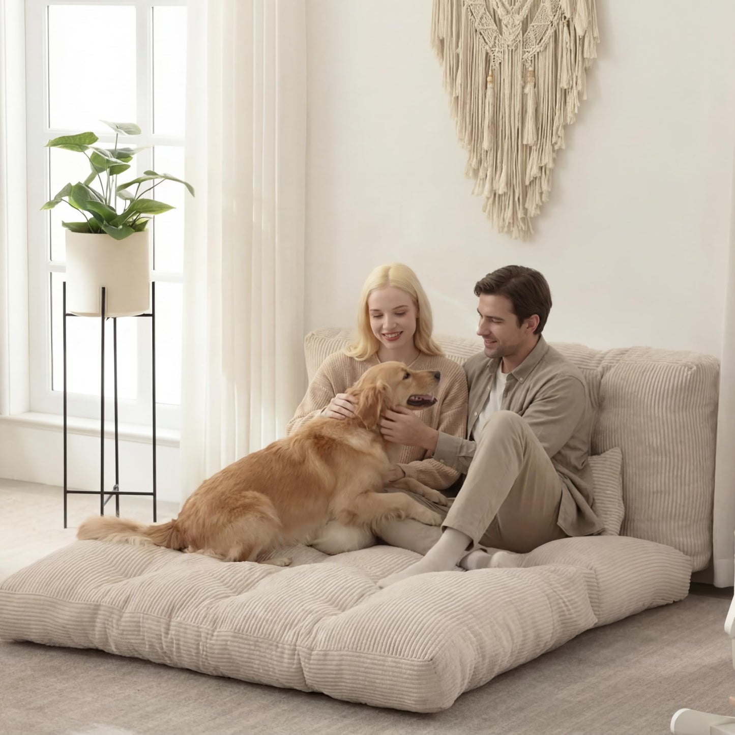 Folding Sofa Bed, Convertible Sleeper Chair with Pillow Foldable Mattress with Back Support, Portable Fold Out Chair Bed Comfy Floor Sofa Lounge for Living Room Bedroom, Beige Full 80x54 Inch