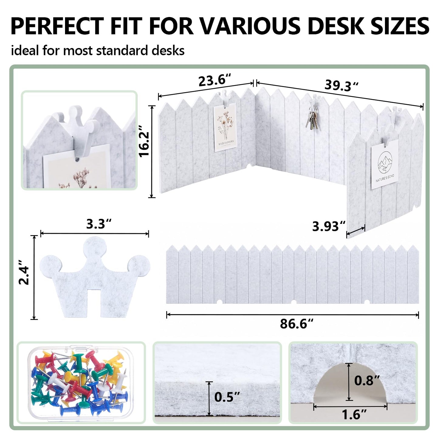 Poola Voidra 86.5 x 16'' Foldable Felt Desk Divider with 25 Thumbtacks & 8 Clips, Acoustic Desk Partition Privacy Panel, Versatile Cubicle Shield Hanging Note Item, for Office Home (Triangular)