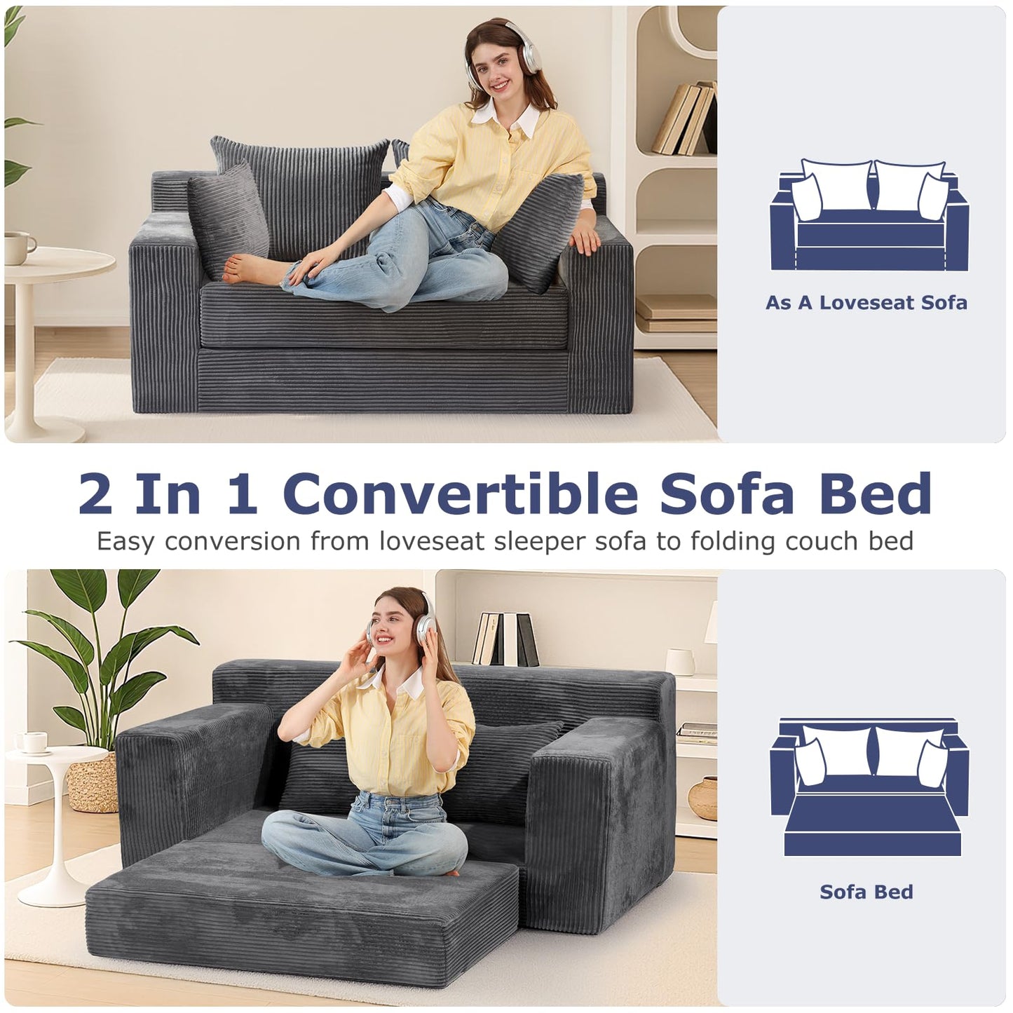 feliz home Convertible Sofa Bed, Boneless Couch Loveseat, 2 in 1 Folding Couch Bed, Fold Out Comfy Floor Futon Sofa with Pillows for Living Room Bedroom, Grey