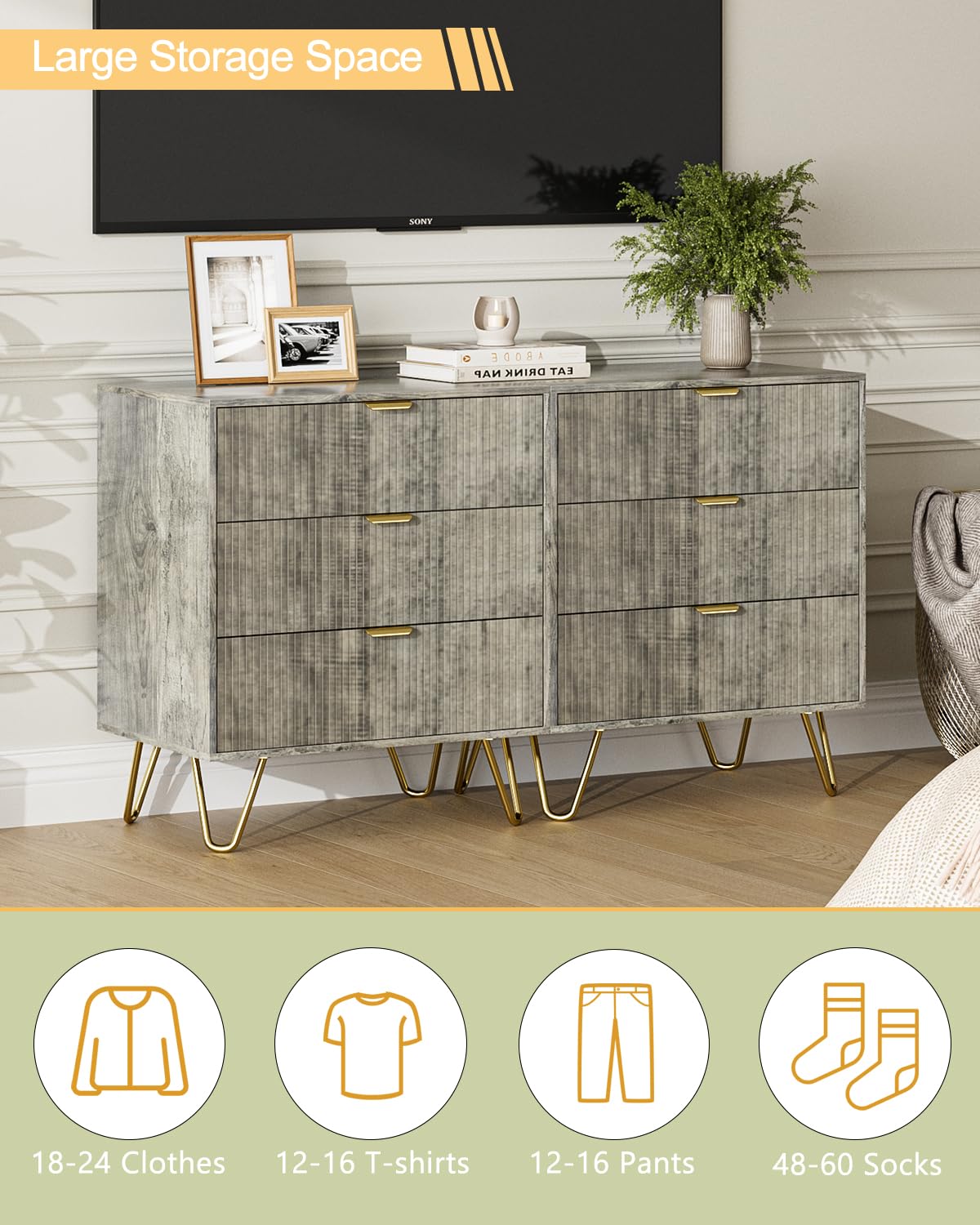 AEPOALUA Grey Dresser for Bedroom, Modern Fluted 3 Drawer Dresser with Storage, Dresser Chest of Drawers with Gold Handles for Bedroom, Living Room, Closet, Hallway, 15.8" D x 23.6" W x 27.6" H