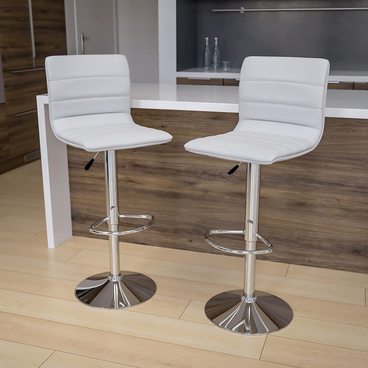 Flash Furniture Vincent 2 Pack Modern White Vinyl Adjustable Bar Stool with Back, Counter Height Swivel Stool with Chrome -Pedestal Base