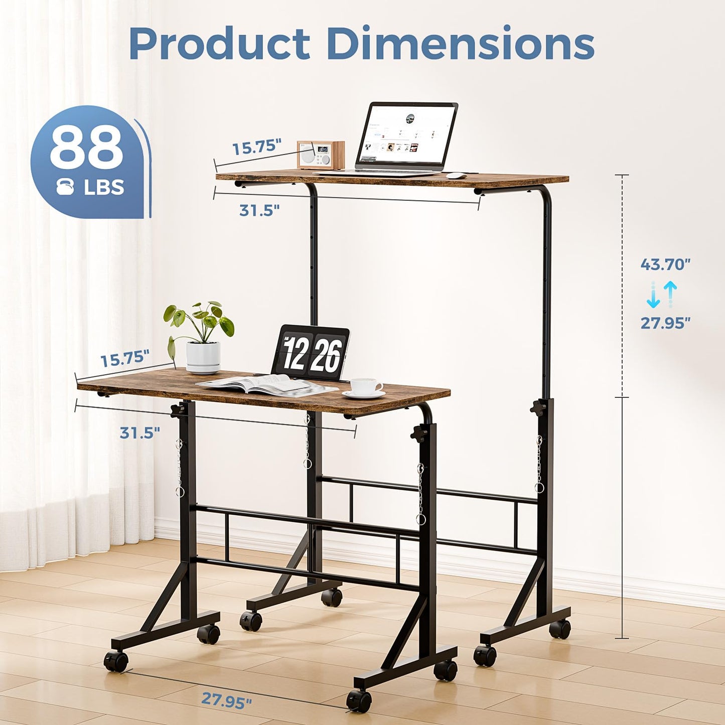 DUMOS 31.5" Adjustable Height Mobile Desk with Locking Wheels & Pin-Lock, Portable Workstation for Walking Pad & Active Home Office, Small Bedroom Desk, Rustic Brown