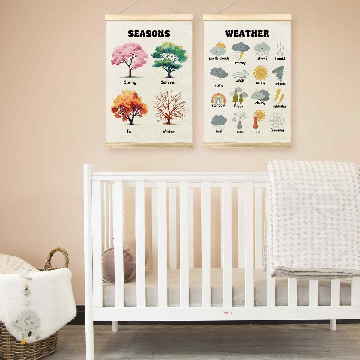 TLESKE 4 Seasons Weather Chart Poster Hanger Frame for Toddler Kid Classroom Set of 2, Homeschool Hanging Wall Art Decor for Nursery Playroom, Preschool Prek Learning Educational Poster, 16x24