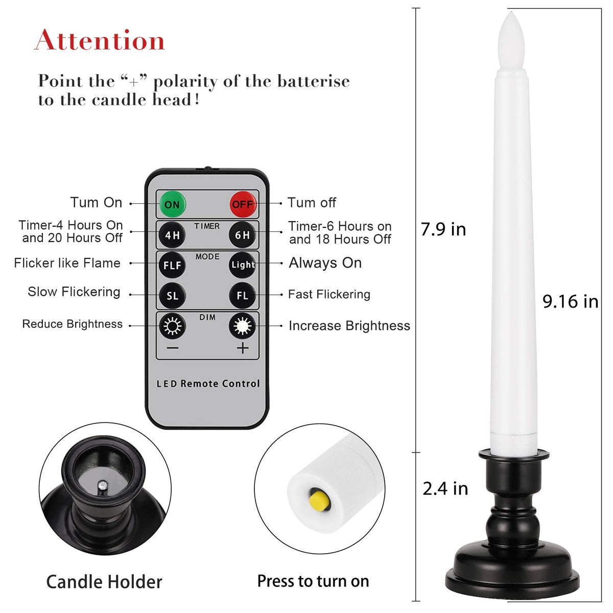 FREEPOWER Set of 6 Flameless Window Taper Candles with 6PCS Black Base, Battery Operated FlickeringTaper Candle with Remote and 4H/6H Timer,for Christmas Home Wedding Decor..