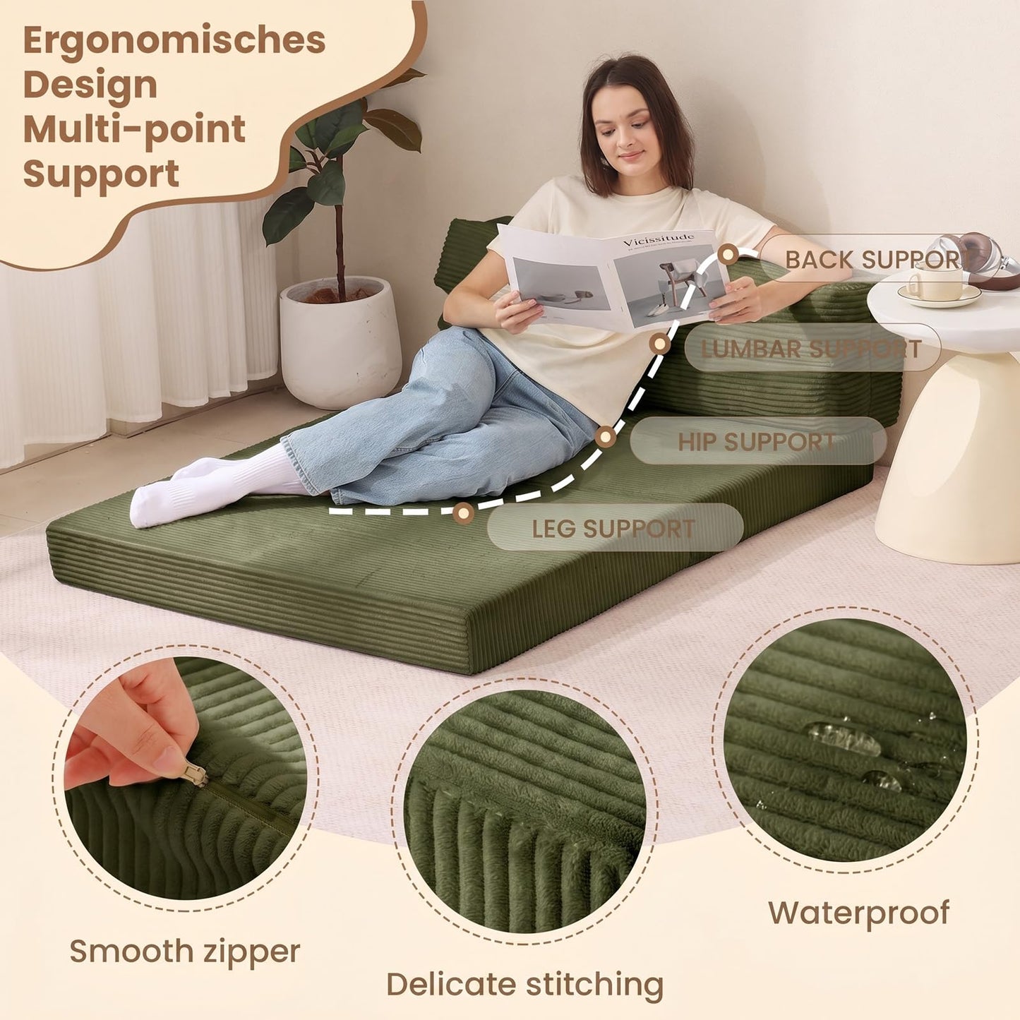 JUIKURY Folding Sofa Bed, Convertible Sleeper Chair with Pilow Foldable Matress, 2 in 1 Pull Out Loveseat Sofa Portable Fold Out Chair Bed Floor Couch Lounge for Living Room (Green, Full)