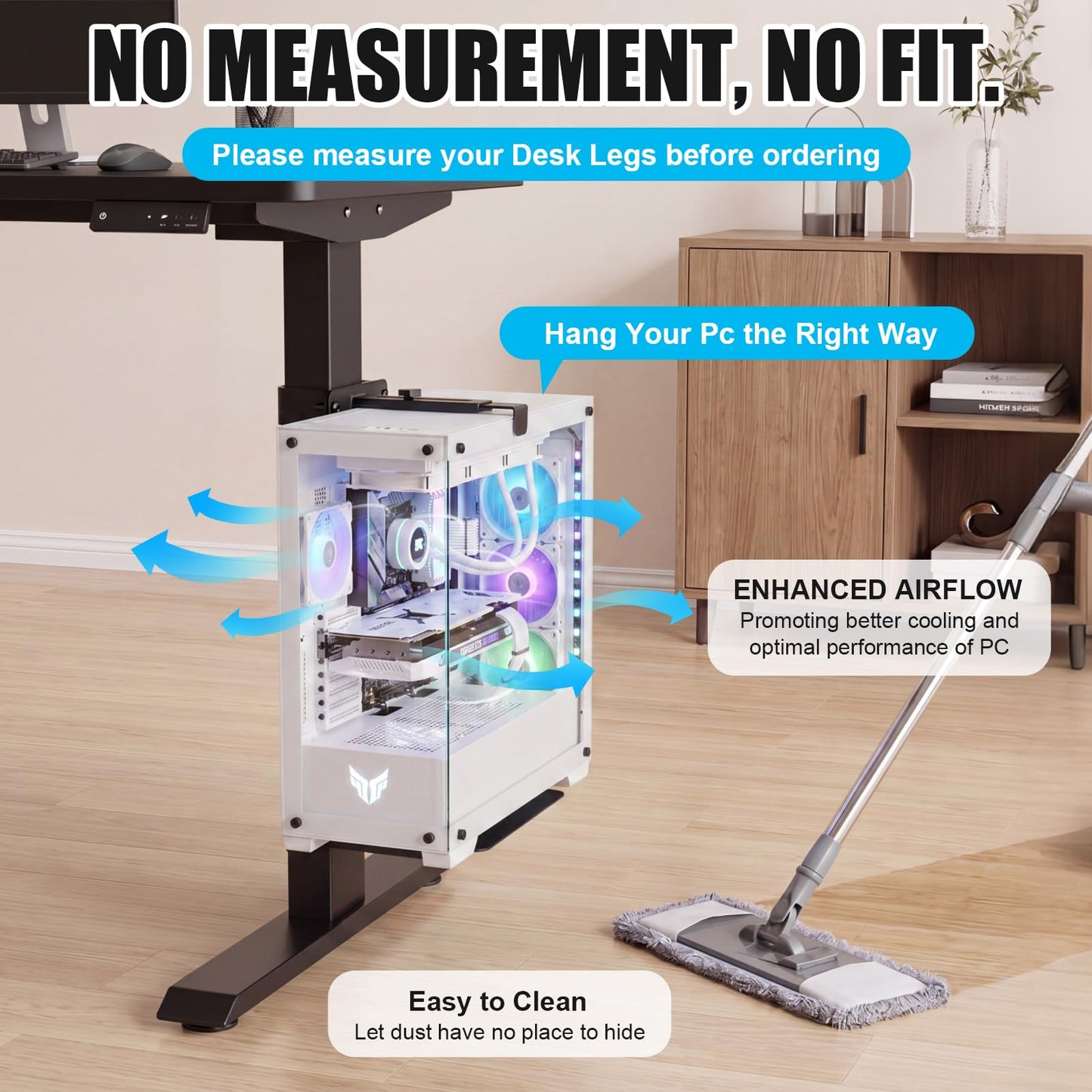 Otoolling Under Desk PC Mount Universal Clamp-on PC Under Desk Mount No Drilling Computer Tower Stand CPU Holder with Non-Slip Pads Suitable for 80mm x 50mm Table Legs, Up to 40lbs