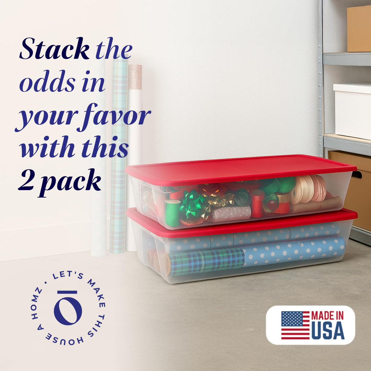 HOMZ 2-Pack Holiday Tote, Clear Plastic Storage Organizer Bins with Lids, 41 Quart, Red - Stackable Organizing Containers for Christmas Ornament Decorations, Gift Wraps, and Crafts