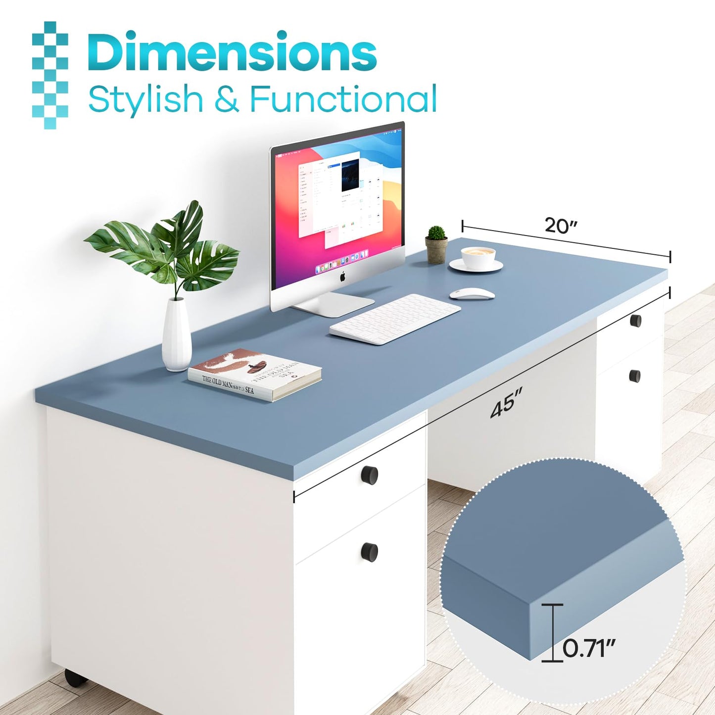 Kaboon 45x20 inch Table Top Universal, Solid One-Piece Desktop, Reversible Melamine Countertop, Double Desks, L-Desk DIY, Grayish Blue