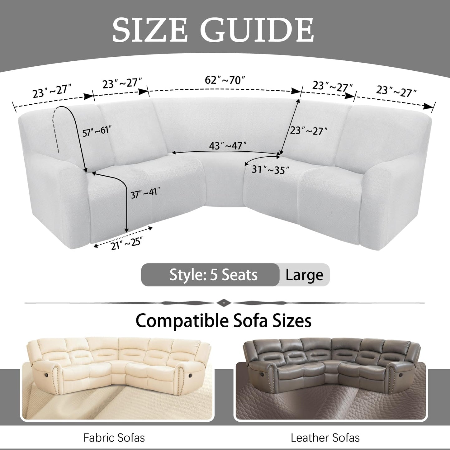 ROFASVCO Reclining Sectional Couch Covers L Shape Waterproof Washable Recliner Sofa Cover for L Shaped Sectional Super Stretch Corner Recliner Slipcovers (5 Seater Cover, Dark Black)