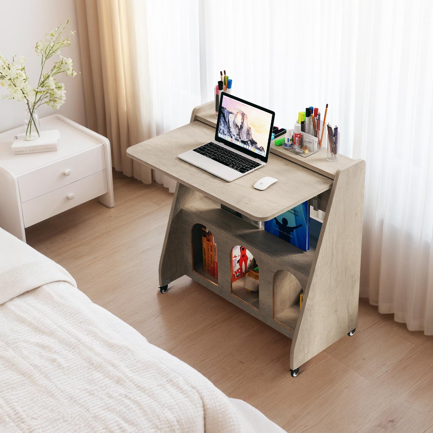 Pmnianhua Portable Mobile Desk on Wheels,Mobile Workstation,Rolling Computer Desk with Wheels and Storage for Home Office Small Space (Grey)
