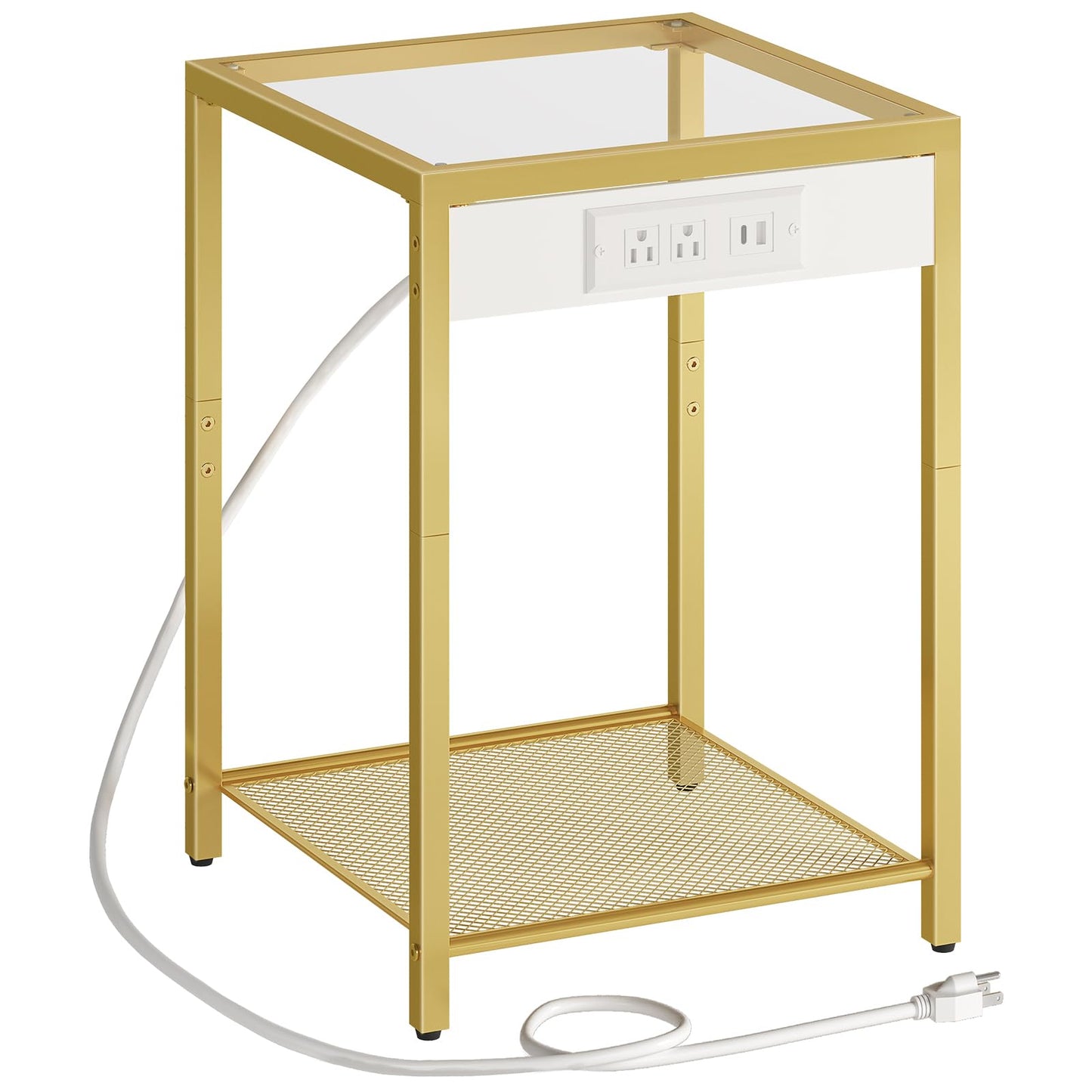 HOOBRO Side Table with Charging Station, End Table with USB Port, Nightstand for Tight Spaces, Tempered Glass, Modern Metal Frame, for Office, Bedroom, Living Room, Study, Gold GD76UBZ01