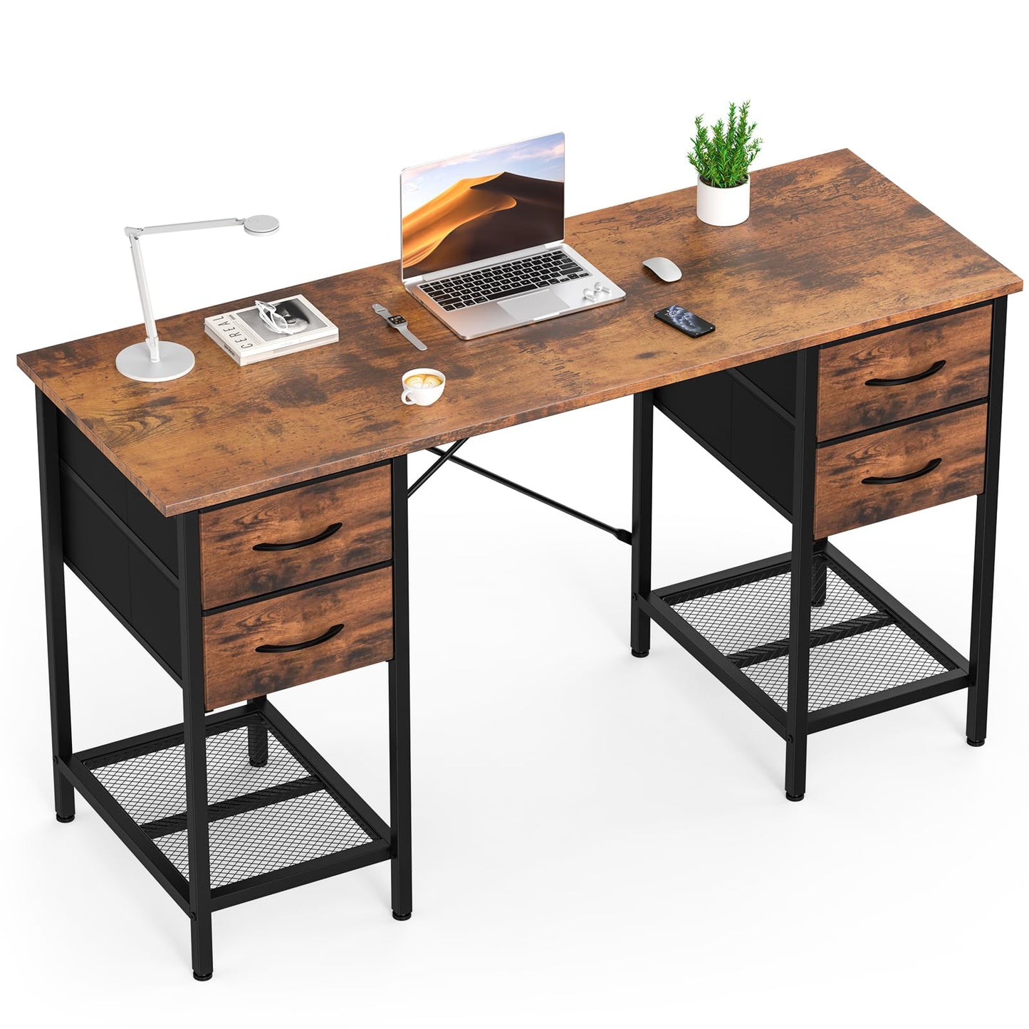 Sweetcrispy Computer Desk with Drawers 55 Inch Home Office Bedroom Table 4 Fabric Drawers 2 Mesh Storage Shelves Wood X-Shaped Writing Study PC Desk Workspace Side Hook Metal Frame Organizer Brown