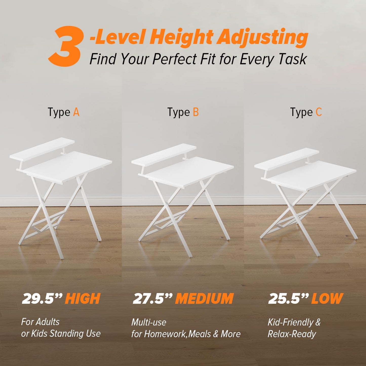 WOHOMO Folding Computer Desk with Adjustable Height, 23.6" x 31.5" x 25.6" Foldable Table with Monitor Stand, Small Office Desk for Bedroom, Space Saving Desk for Home Office, Easy Assemble, White