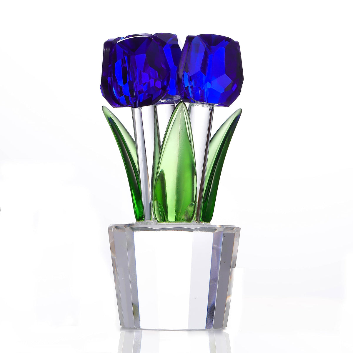 Qianwei Crystal Tulips Flowers Figurine Blue with Vase - Glass Flower Bouquet Collectible Figurines Crystal Office Home Decor Paperweight - Tulip Gifts for Women Mom Bestfriend Wedding Anniversary