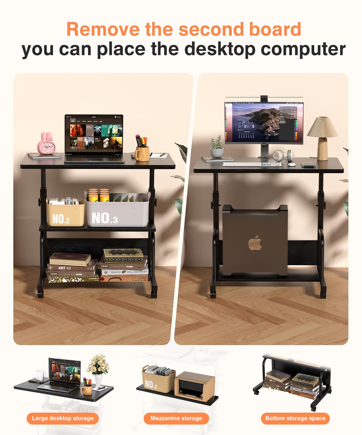 QZMDSM Portable Rolling Desk on Wheels Adjustable Height Desks for Small Spaces, 32" Computer Desk Drafting Tables with Storage Shelves for Home Office Black