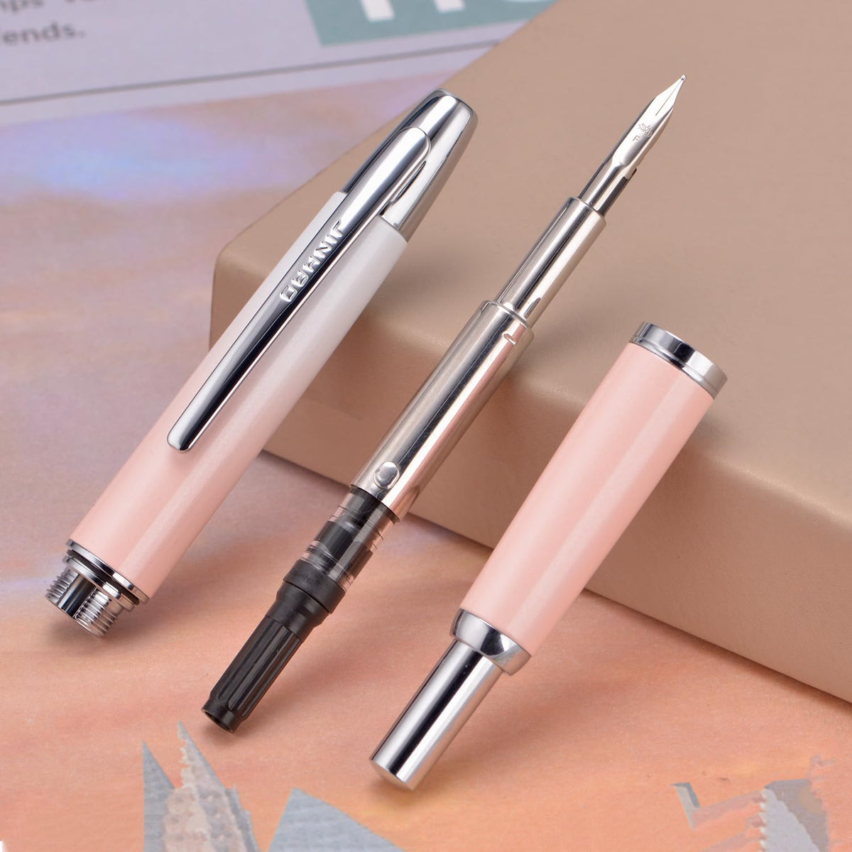 Jinhao 10 Press Fountain Pen with Box, Gradient Peach Pink Retractable Extra Fine Nib with Ink Converter Set (Silver Clip)