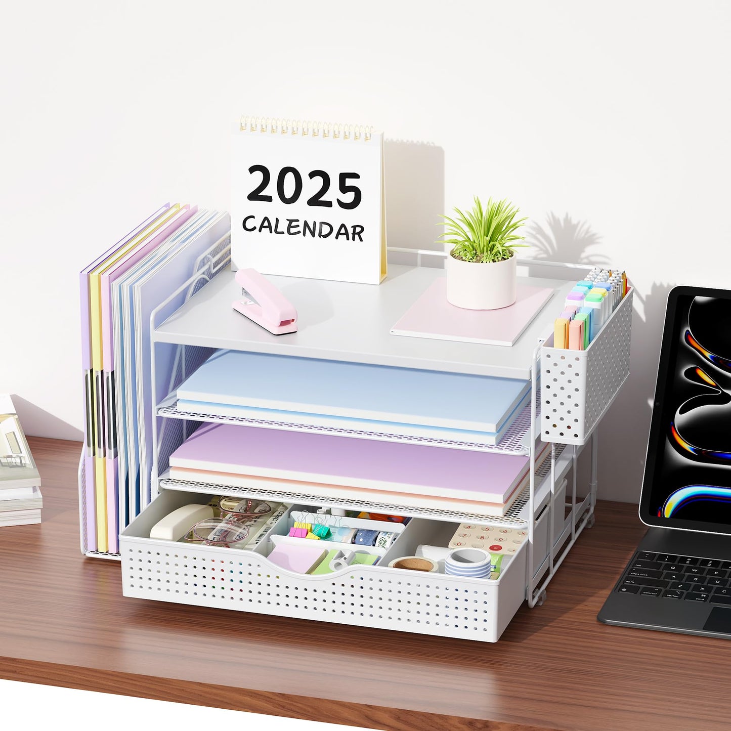 gianotter Wood Desk Organizers and Accessories with File Holder, 4-Tier Desk Accessories & Workspace Organizers with Drawer and Pen Holder, Desk Reference Organizer (White, 4T with Drawer)