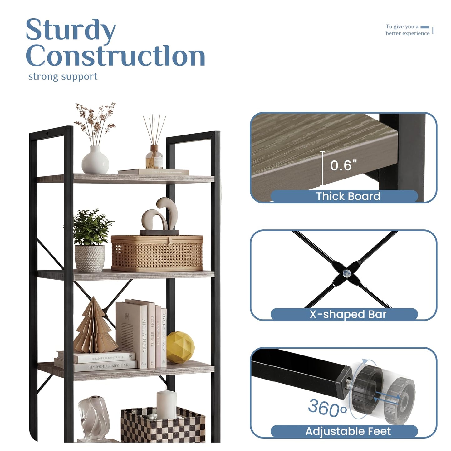 DUMOS 4 Tiers Open Bookshelf, Classic Freestanding Tall Display Shelf, Multifunctional Storage Organizer Rack for Living Room Home Office, Sturdy Bookcase for Books/Movies, Wood Grey