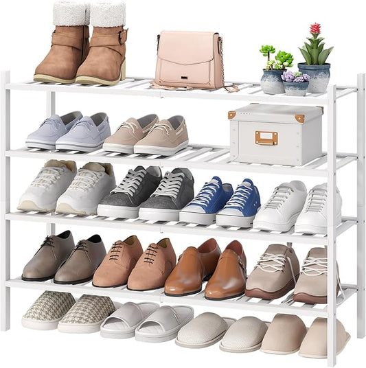 viewcare White 4-Tier Long Shoe Rack, Bamboo Wood