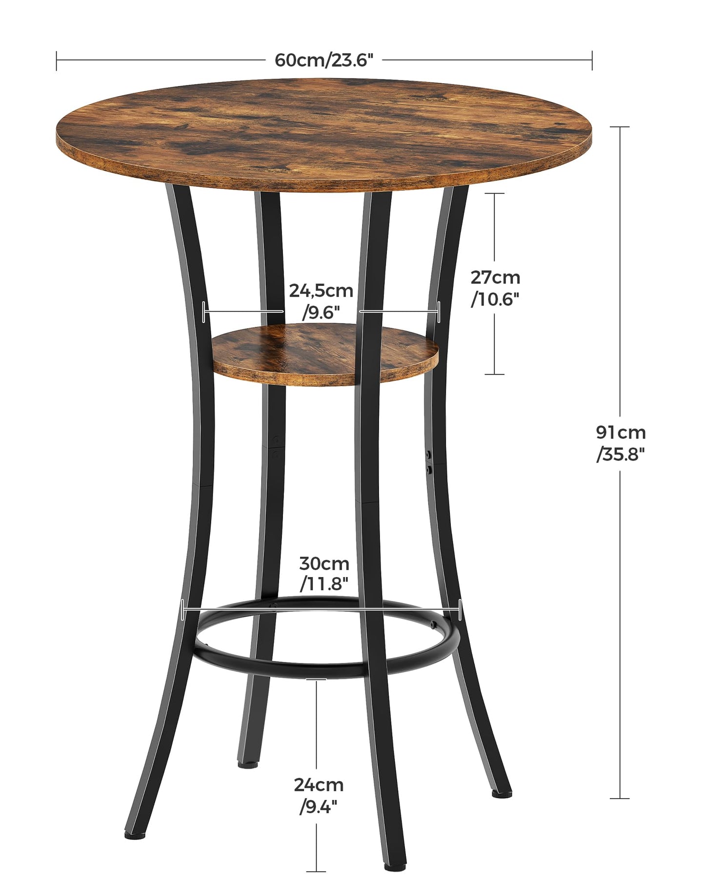 CHOEZON Round Bar Table, 2-Tier High Top & Counter Height Dining Table, for Bistro, Pub, Kitchen, Living Room, Rustic Brown and Black TBT03BF