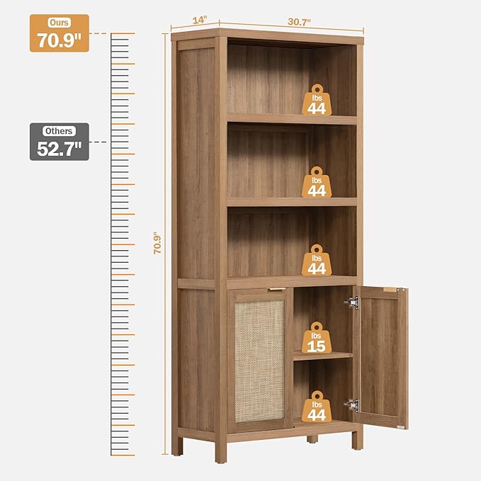 SICOTAS Bookcase 71" Tall Bookshelf 5 Tier Rattan Boho Bookcase