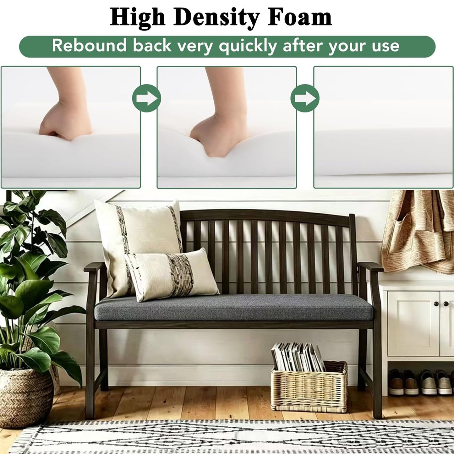 MICUSHION Piano Bench Cushion for Indoor Shoe Storage with Ties Non Slip Picnic Bench Pad for Kitchen Dining Table Seat 36 x 14 Inch, Gray