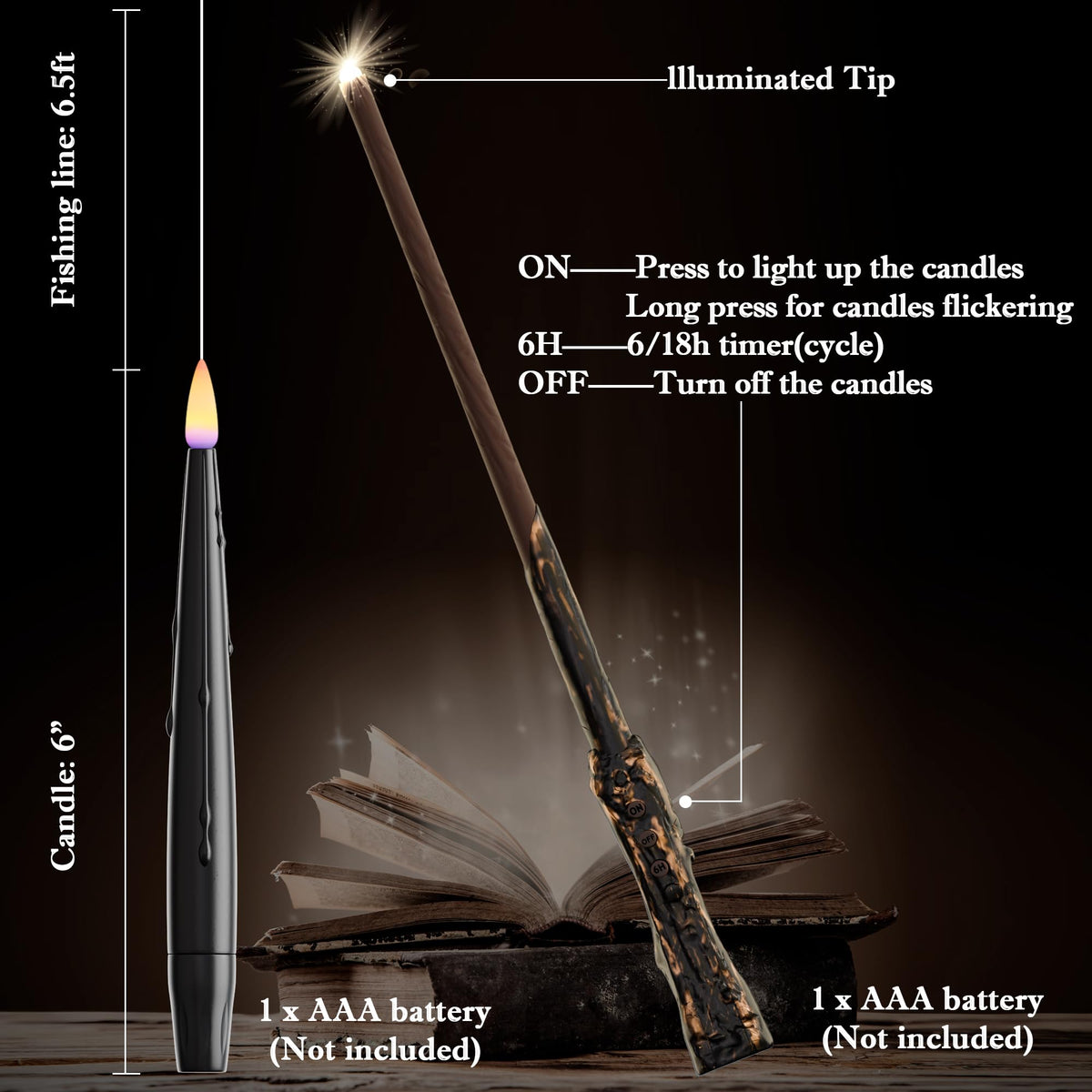 JOIONE Floating Candles with Wand, 12 Pack Hanging Candles with Magic Wand Remote, Battery Powered Floating Candles with Wand, Flameless Magic Hanging Taper Candles for Xmas Halloween Decor, Black