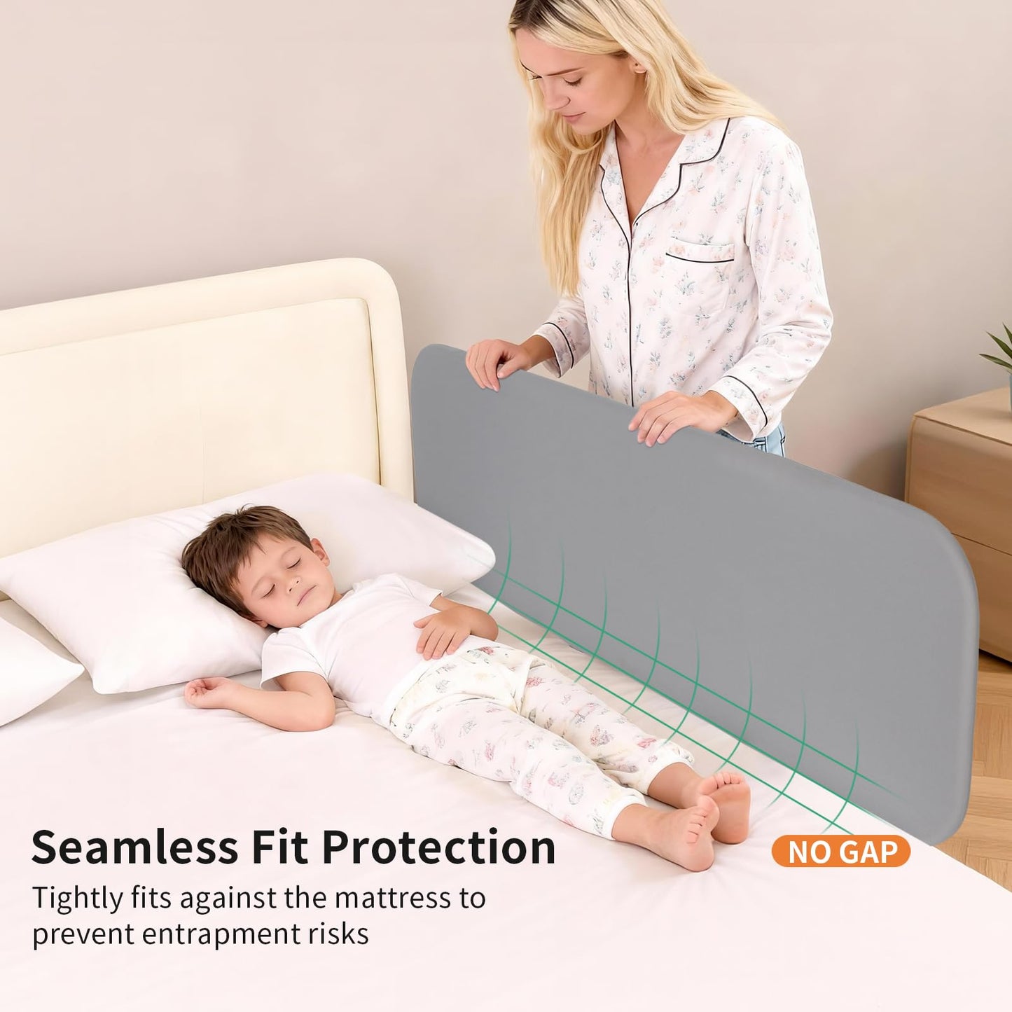 PlentiVive Travel Bed Rails for Toddlers with Motion Sensor Light, Foldable Toddler Bed Rail 48" Extra Long Safety Guard, Deep U-Shaped Base (No Straps Needed) for Twin, Full, Queen & King Mattresses