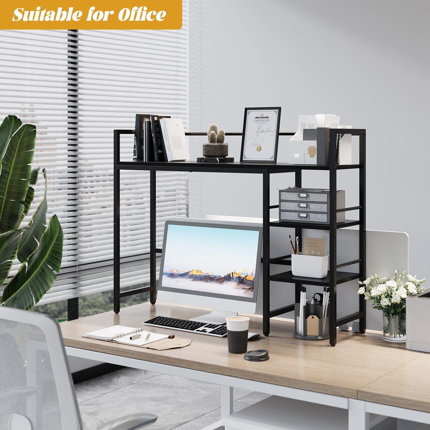HavenlyYouth Desk Shelf, 38.6 Inch Wood Desk Organizer Shelf for Computer Monitor, Desk Hutch Storage, Desktop Shelf for Top of Desk, 3 Tier Desktop Bookshelf for Home Office Dorm, Black