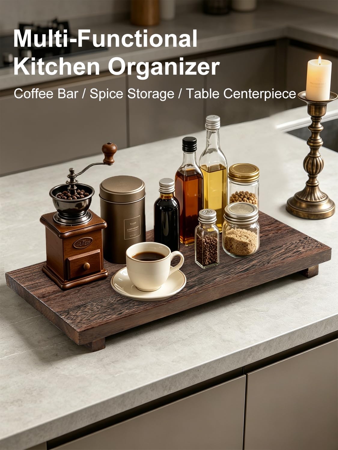 Duseu 16 x 8 inch Wood Riser Pedestal Stand – Farmhouse Large Wood Tray for Kitchen Counter, Bathroom Decor, Sink, Soap Dishes, Plant, Bottles, Candles Display, Jewelry