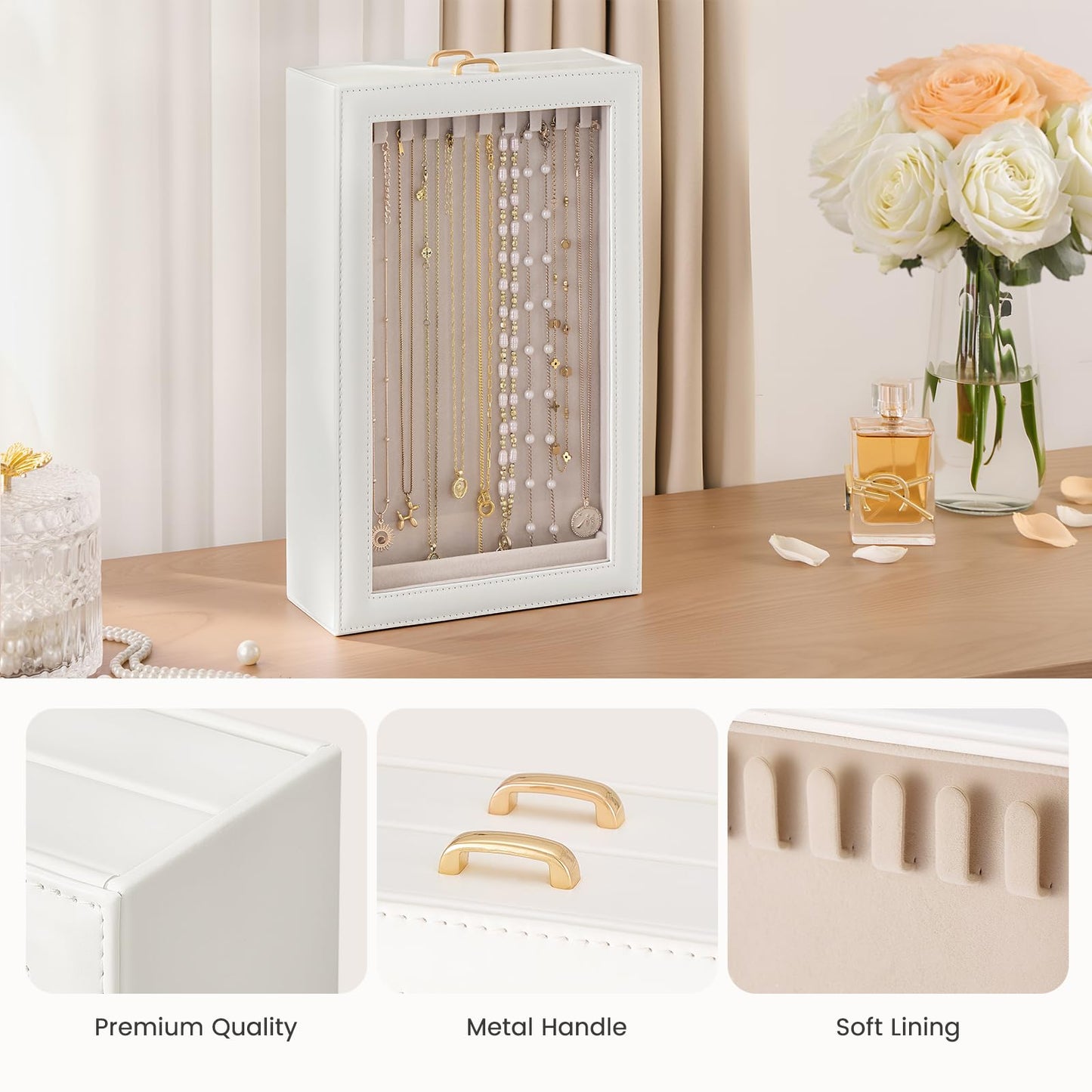 Lolalet Necklace Organizer Box, Jewelry Storage Box with Clear Window for Necklaces Bracelets, Tangle-Free Necklace Display Case for Women Girls, White, 2 Layers 20 Hooks