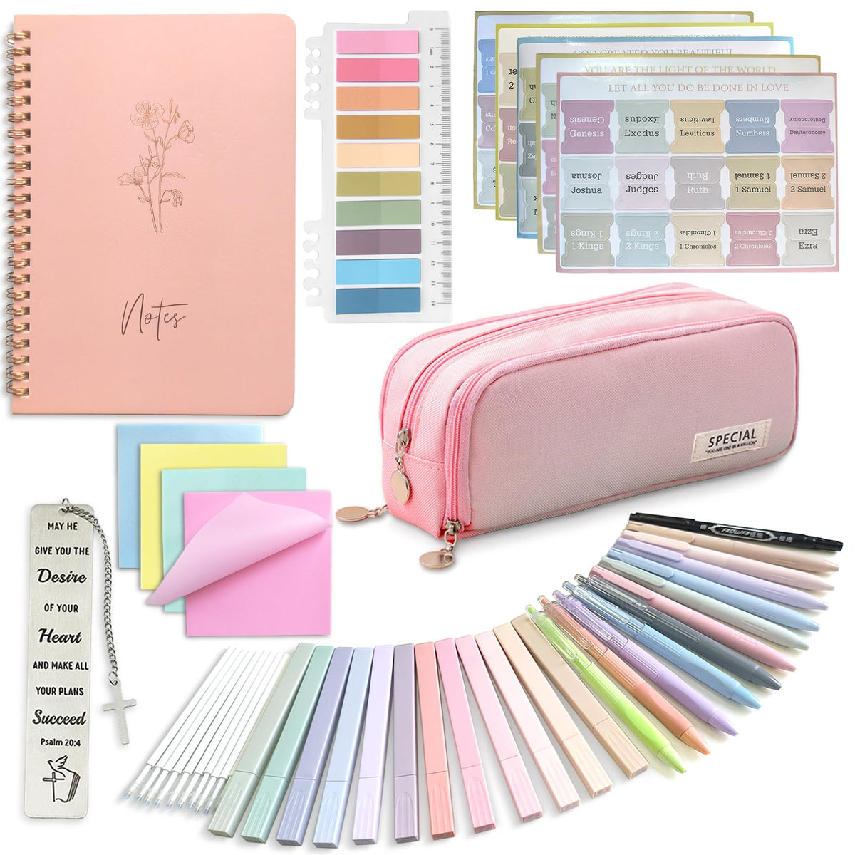 47PCs Bible Journaling Kit BIble Study Supplies for Women Girl,Bible Class Essentials with Large Pen Case,Journal Notebook,No-bleed Highlighters and Pens,Bible Tabs Bookmark,Translucent Sticky Notes