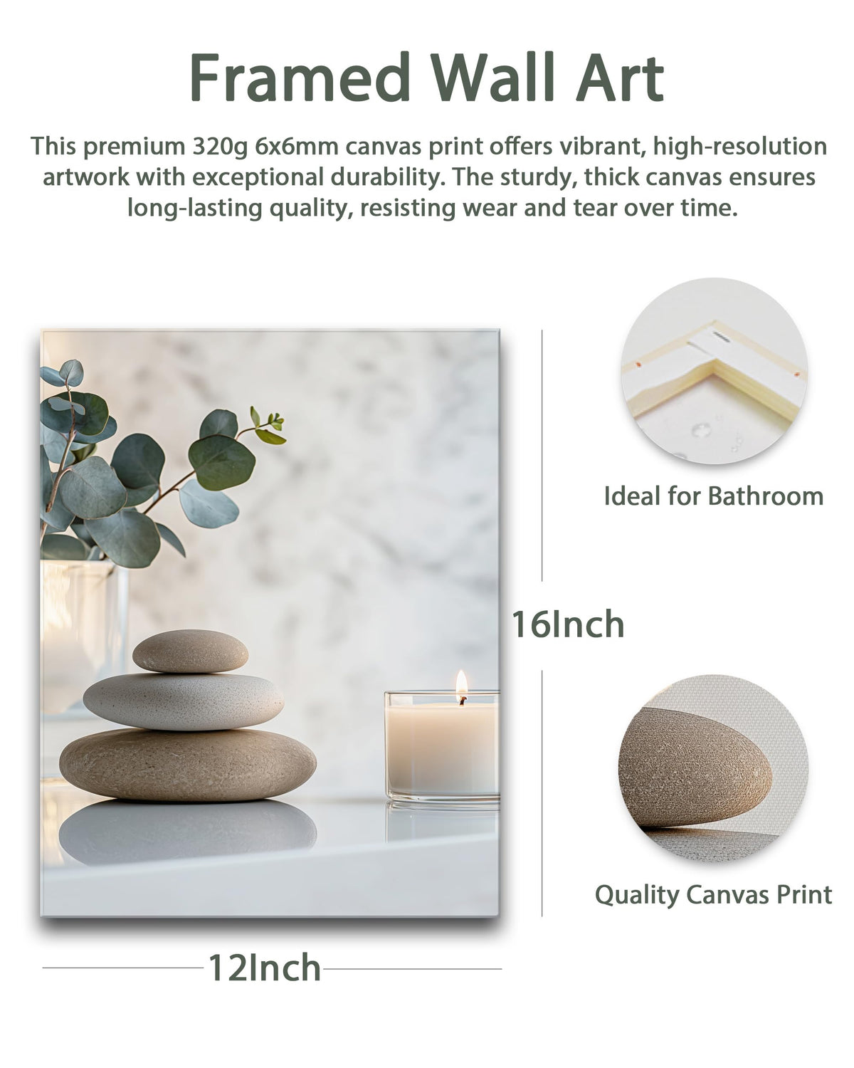 HesenDot 12x16in Spa Bathroom Wall Art - Relaxing Zen Stones Candles Canvas Print, Calming Aesthetic Poster, Minimalist Warm Wall Decor for Yoga Room Bedroom Master Bath Home, Set of 1