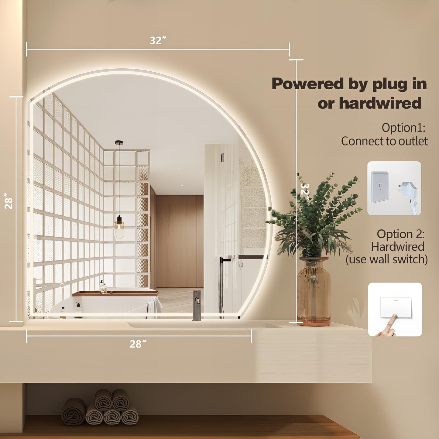Niccy 32" Half Moon LED Mirror for Bathroom, Backlit/Front Lighted, Irregular 1/4 Round Lighted Mirrors with Bedroom Wall-Mirror, Frameless-Mirror for Entryway, Anti-Fog, Dimmable, Makeup-Mirror