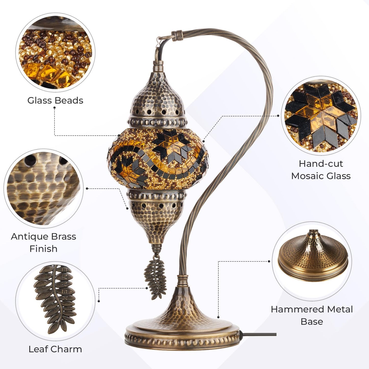 DEMMEX Turkish Moroccan Table Lamp, Swan Neck Tiffany Style Mosaic Glass Table Desk Bedside Lamp for Bedroom, Living Room – Handcrafted in Turkey, White Black