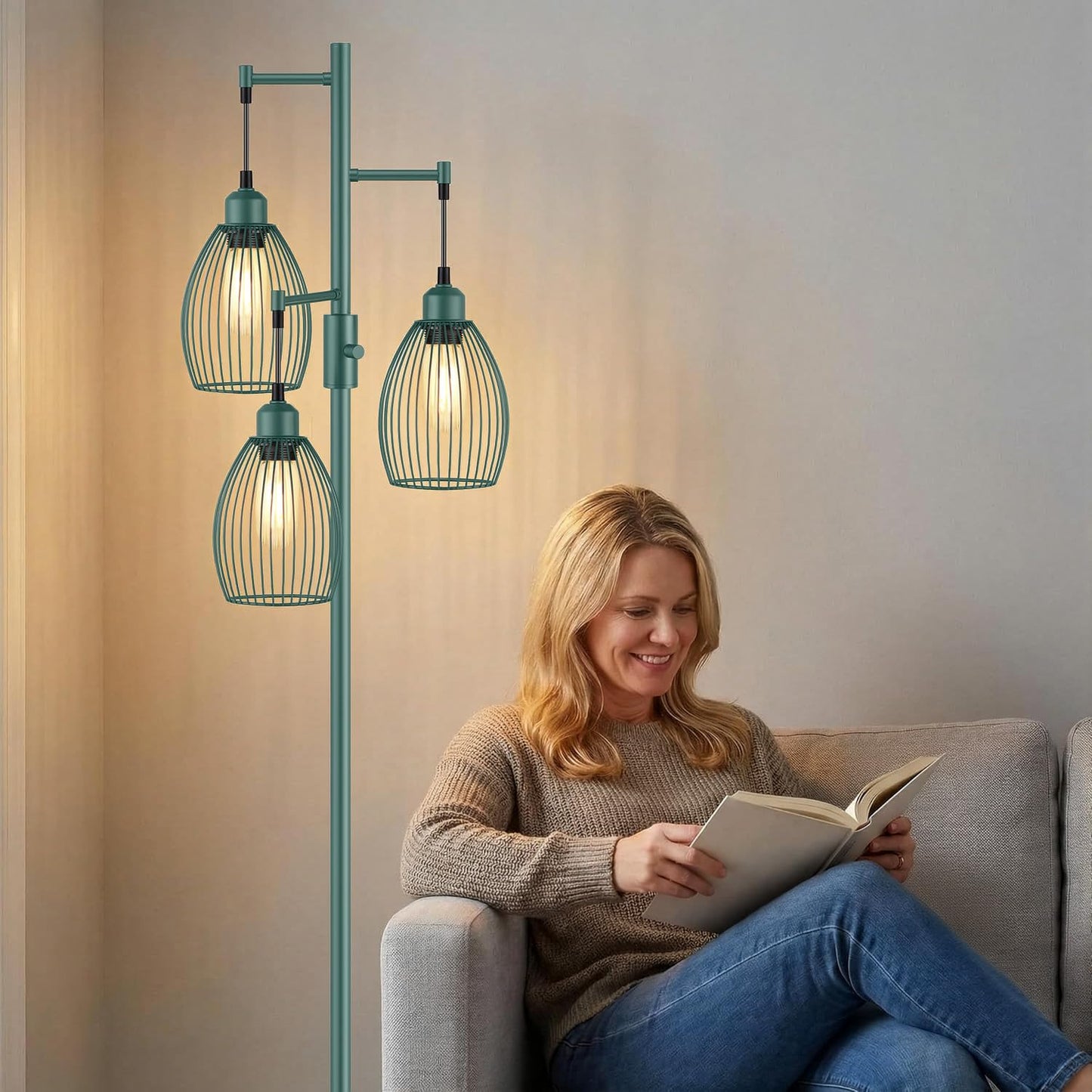 Dimmable Floor Lamp, Industrial Floor Lamps for Living Room, Green Tree Lamp Standing Lamp Tall Lamps with 3 Elegant Teardrop Cage Head & 800 Lumens LED Bulbs for Living room Bedroom Dining Room
