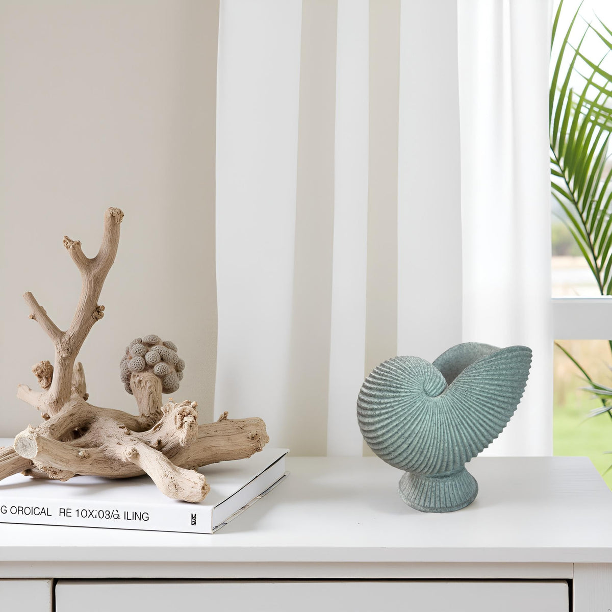 Dwelloria Nautilus Shell Sculpture – Gray White Resin Spiral Shell Decor, Modern Coastal Home Accent